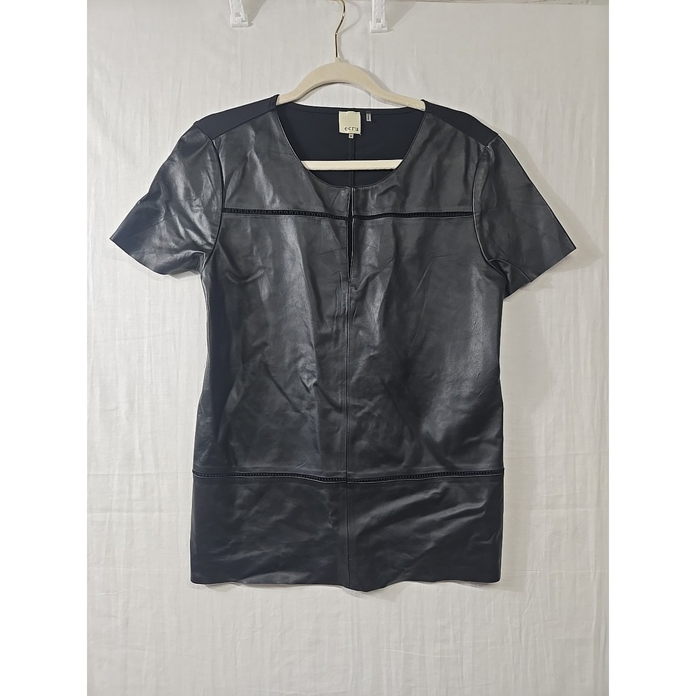 Ecru Leather Short Sleeve Top Women's M Medium Black Lined Quiet Luxury Blouse‎